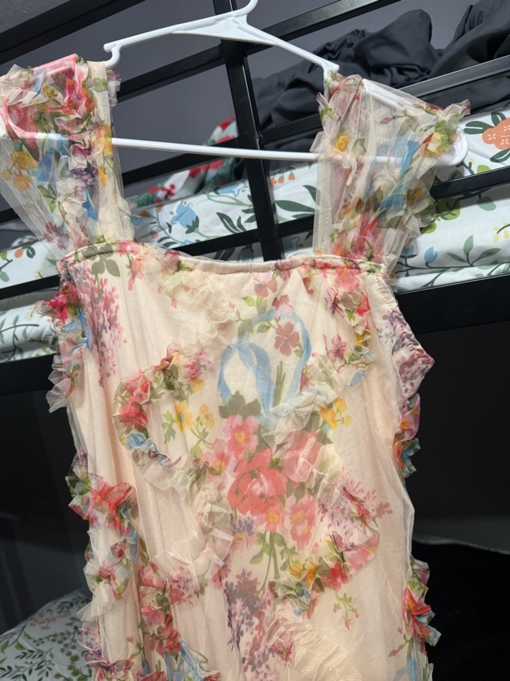 SHEIN Floral Ruffle Midi Dress in Cream with Pink, Blue & Green Accents